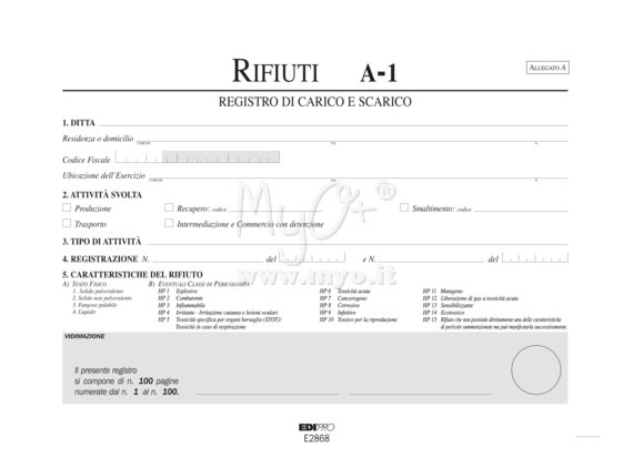 Registro Carico/Scarico Rifiuti, Mod. A, 29,7x22,5 Cm